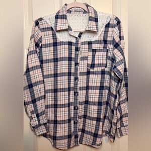 Plaid Button Down Shirt with Lace Detail